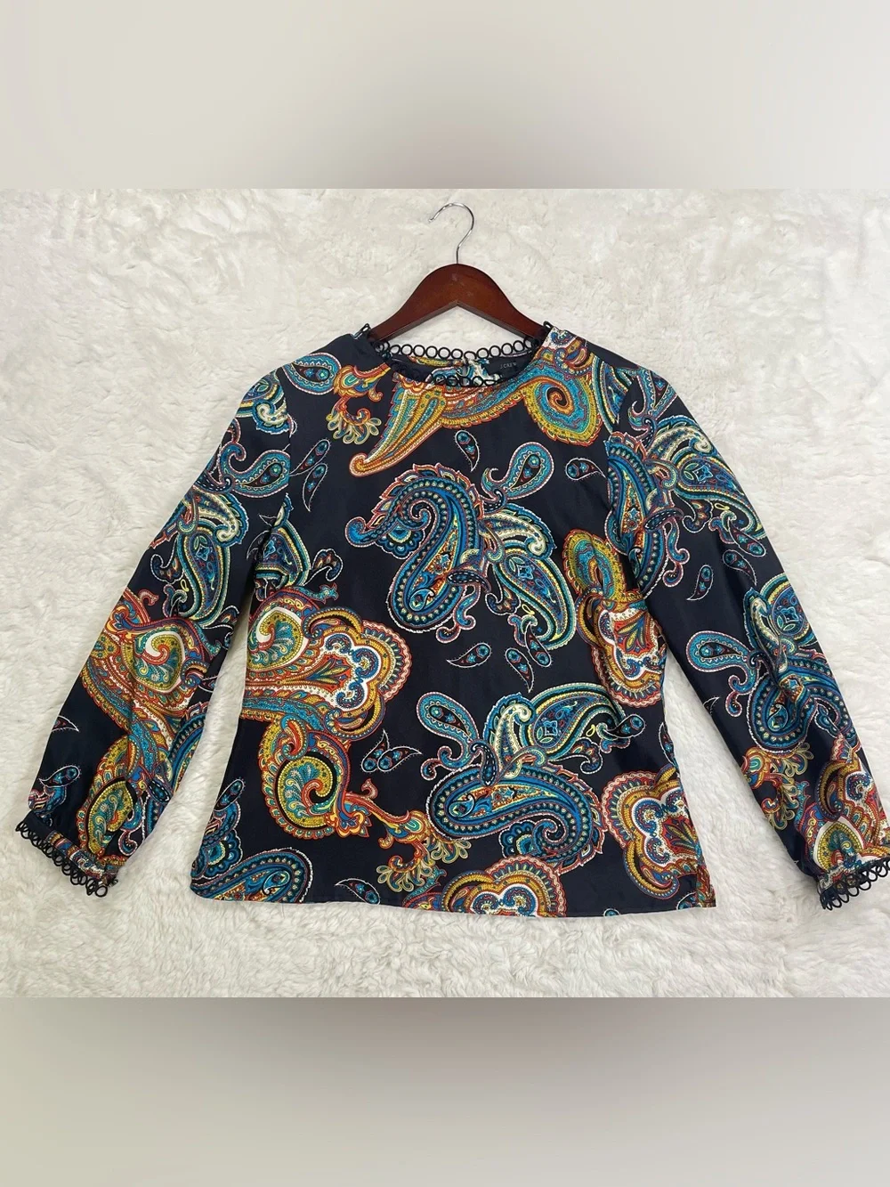 J. Crew Black Paisley-Print Long Sleeve Top with Multicolor Swirls